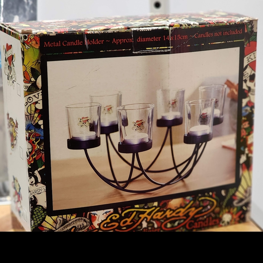 NIB Ed Hardy by Christian Audigier "Love Kills Slowly" 6 Glass Candle Holder Ret
